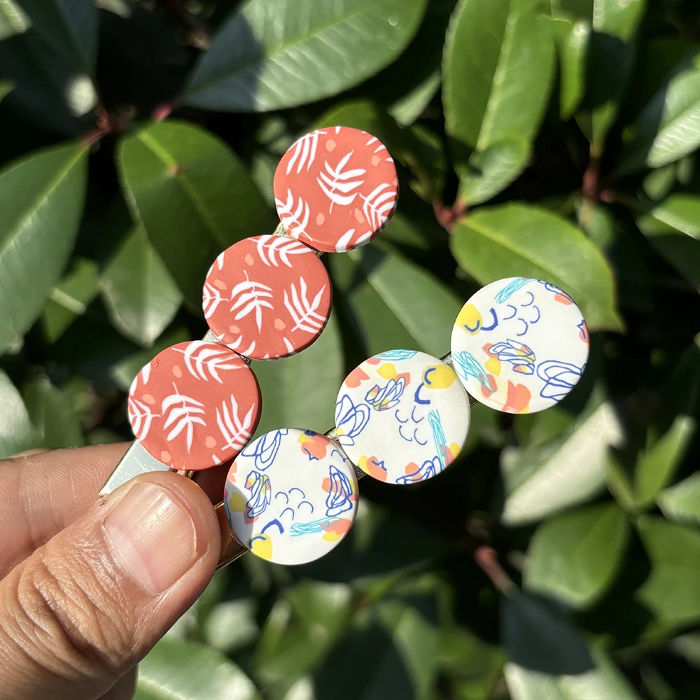 

New Handmade Printed Pattern Polymer Clay Round Hairpin For Women Girls Fashion Geometric Hair Clip Accessories Tool Gifts