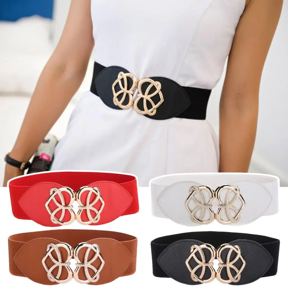 Women Belt Heart Buckle Elastic Faux Leather Waistband Versatile Cinched Belt Women Dresses Coats Belt Daily Date Party Wear