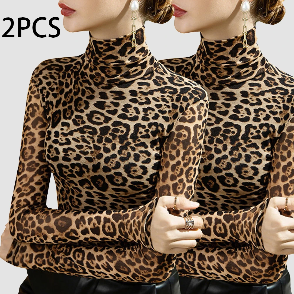 

2pcs Women Autumn Ultrathin Leopard Print High Collar Mesh Long-sleeved Tops Lady Thermal Underwear Slim Fit Fashion Top