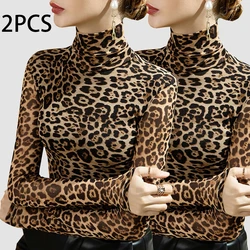 2pcs Women Autumn Ultrathin Leopard Print High Collar Mesh Long-sleeved Tops Lady Thermal Underwear Slim Fit Fashion Top