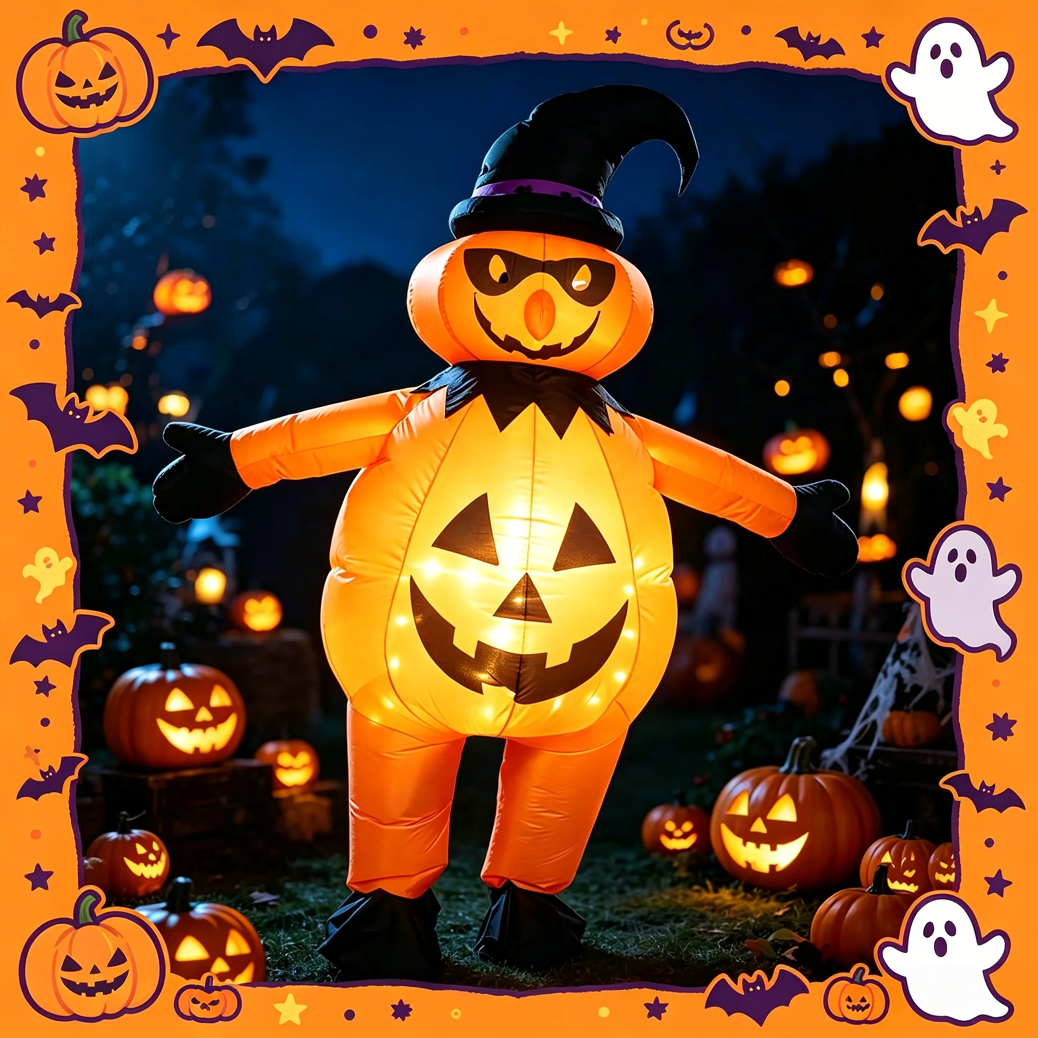 Pumpkin Witch Inflatable Costume Adult Halloween Blow Up Suit Funny Jack-o-lantern Witch Hat Halloween Party Cosplay Spider