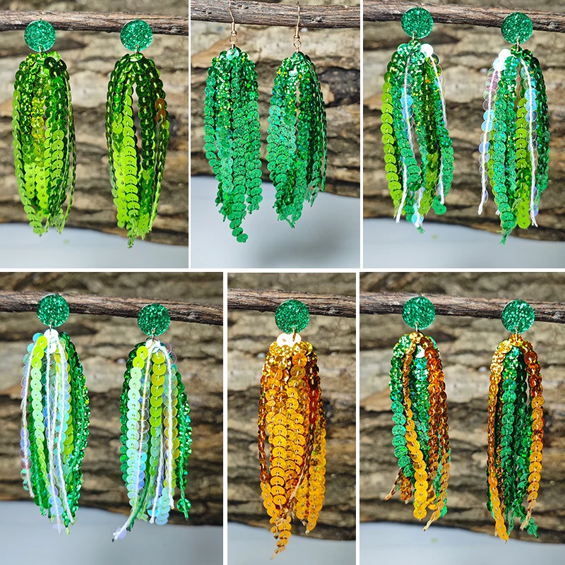 New Sparkling Laser Green Glitter Earrings Circular Beads Tassel St. Patrick's Auspicious Atmosphere Earrings Decoration Gifts