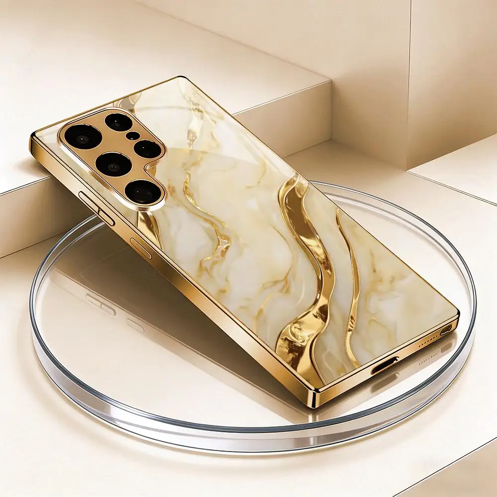 Golden marble textured glass phone case suitable for Samsung Galaxy S26 S25 S24 S23 S22 S20 FE/Ultra/Plus anti drop back cover