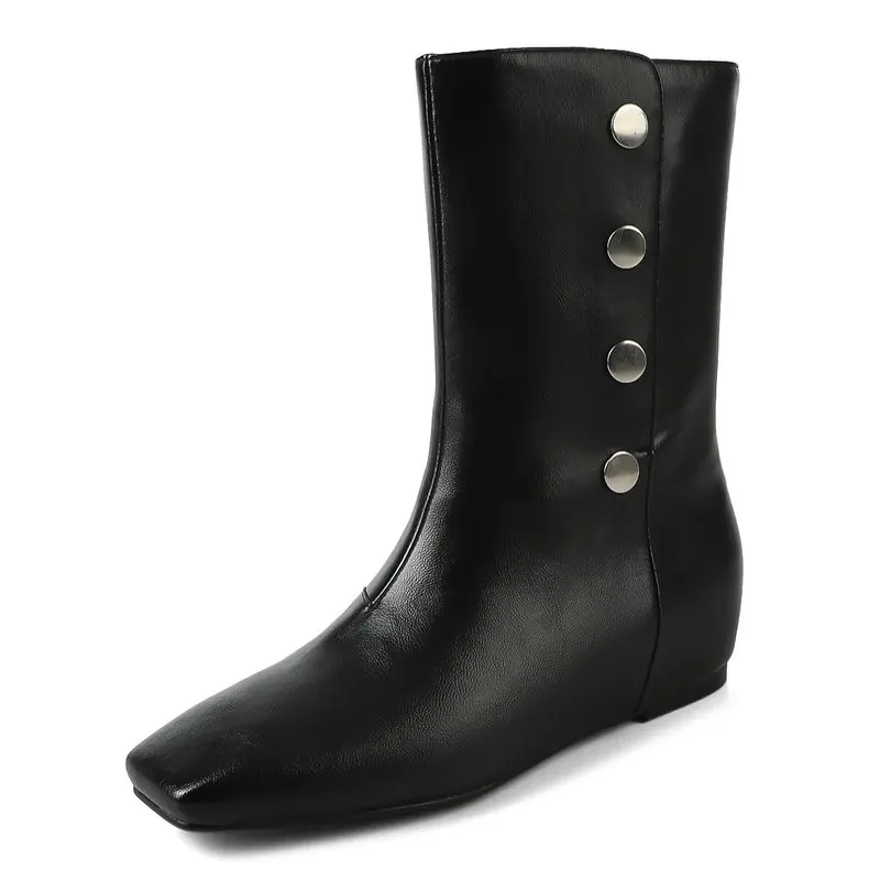 أحدث صيحات الموضة لعام 2025 أحذية نسائية من الجلد الأسود بنعل عريض متوسط الساق بمقدمة مربعة