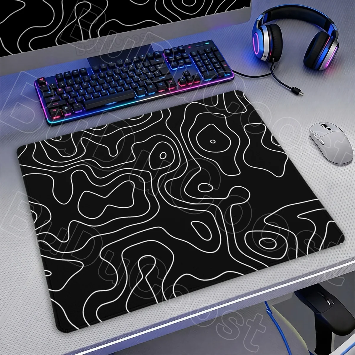 Black And White Strata Liquid Square Mousepad Small Gaming Keyboard With Stitch Edge Laptop Office Non-Slip Rubber Base Desk Mat