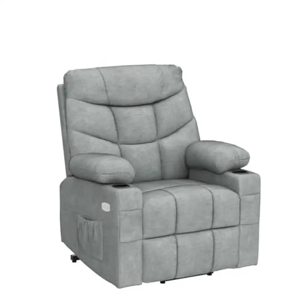 Cadeira reclinável com elevador elétrico, tecido para idosos, massagem, calor, porta-copos usb, bolsos laterais, 5 modos, espuma têxtil normal automática, cinza