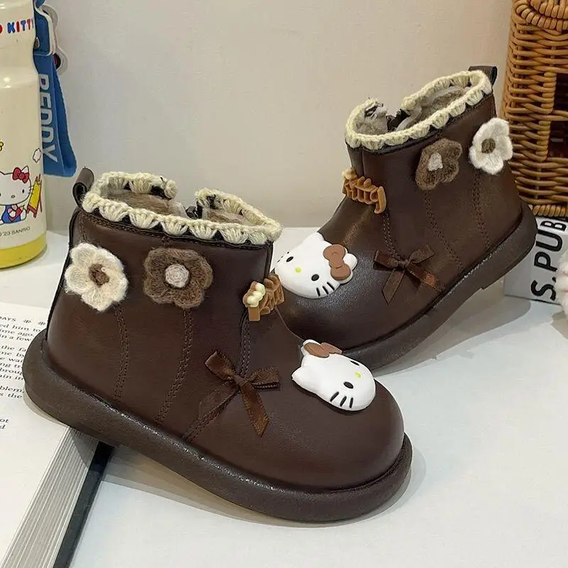 سانريو مرحبا كيتي الفتيات أحذية قصيرة أحذية الأميرة البيج القوس اللؤلؤ القطن أحذية الخريف الشتاء الأحذية الجلدية الناعمة للأطفال