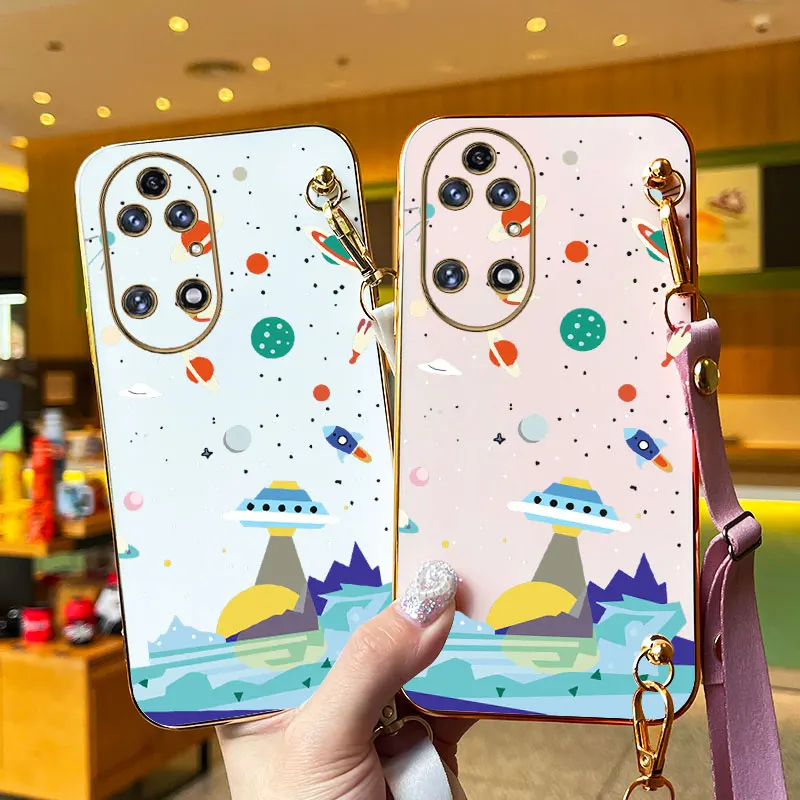 Sailing Spaceships Lanyard Plating Phone Case For Huawei P50Pro P50 P30Pro P40Pro P40 P20 P30 Mate 30 50 40 Nova 10Pro 11 Cover