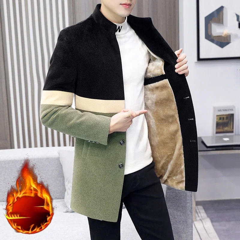 

Winter Color Stand Collar Men's Suit Medium Length Plush Thickened And Slim Woolen Blazer Long Thick Warm Jacket Men Trench Coat