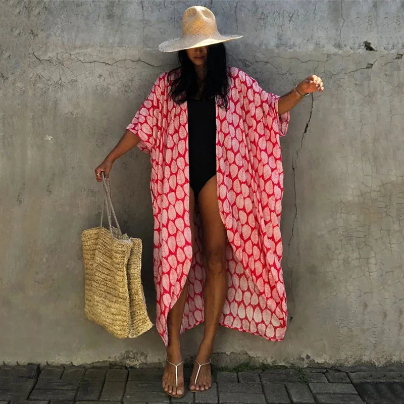 Retro Print Bikini Cover-ups Self Belted Women Summer Cardigan Kimono Dress Beach Wear Swim Suit Cover Up Robe De Plage