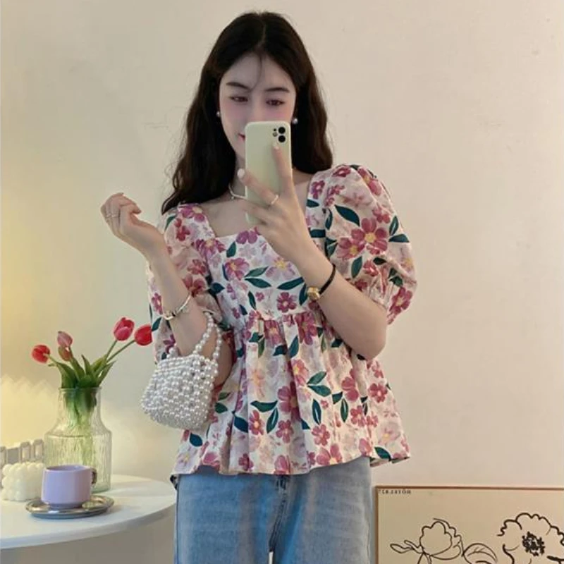 Vintage Printed Blouses Women Loose French Style Sweet Short-sleeve All-match Square Collar Streetwear Fashion Summer Aesthetic