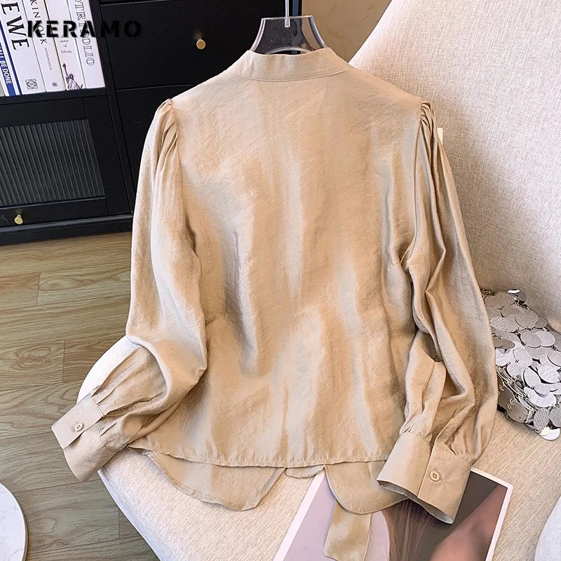 Casual Elegant Long Sleeve Round Neck Solid Color Baggy Shirts 2024 Spring Women Classic Office Lady Vintage Bow Basics Blouse