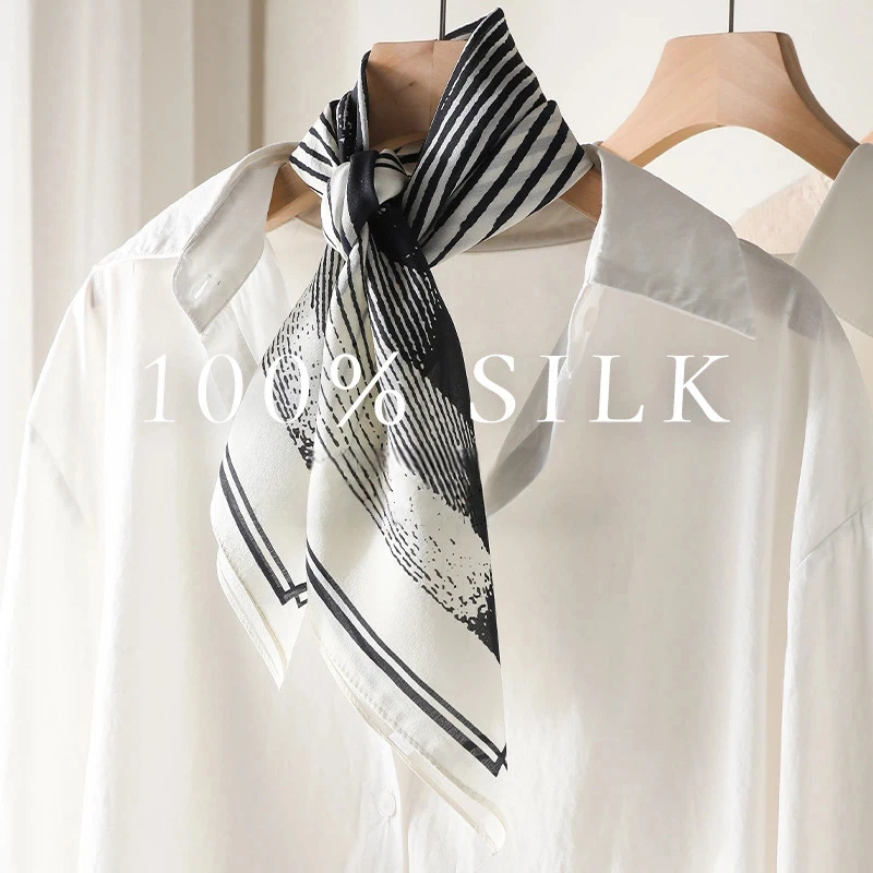 

2026 Luxury brand woman scarf 100% silk neck scarf for women ladies elegant designer black striped scarf neckerchief