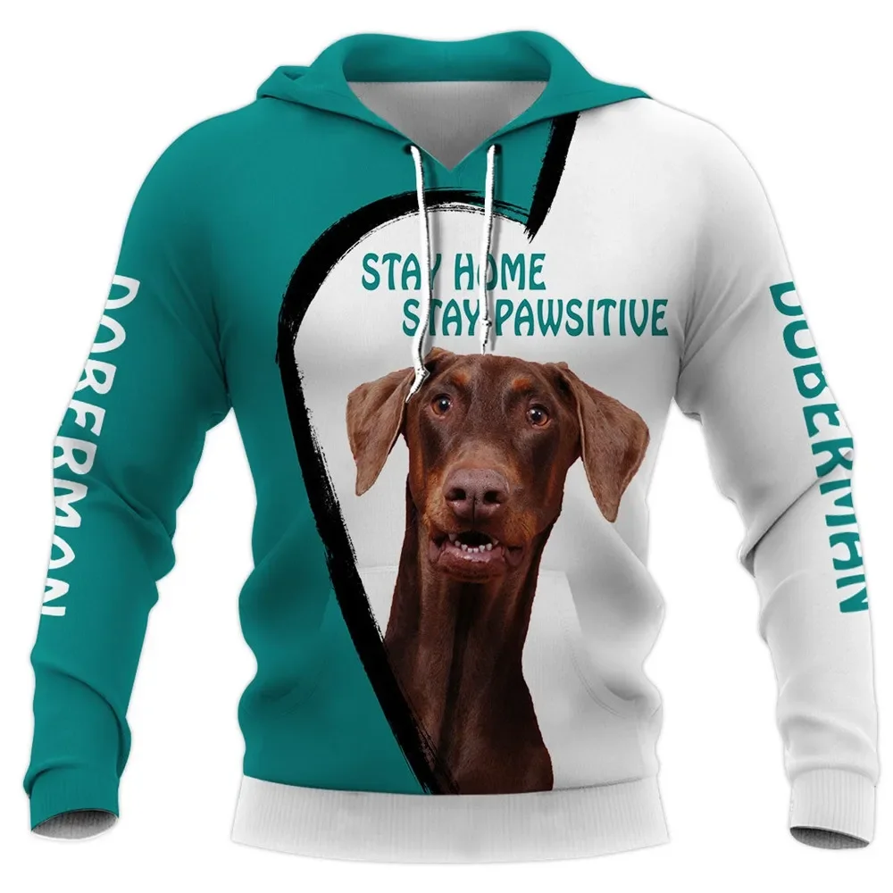 

HX Doberman Hoodie 3D Graphic Stay Pawsitive Animals Dogs Sweatshirt Fashion Pullover Tops Harajuku Streetwear Man Hoodies