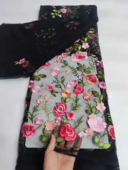 アフリカンメッシュレース生地2022高品質ナイジェリア産チュールレースフランスネットレースドレス用フラワー付き