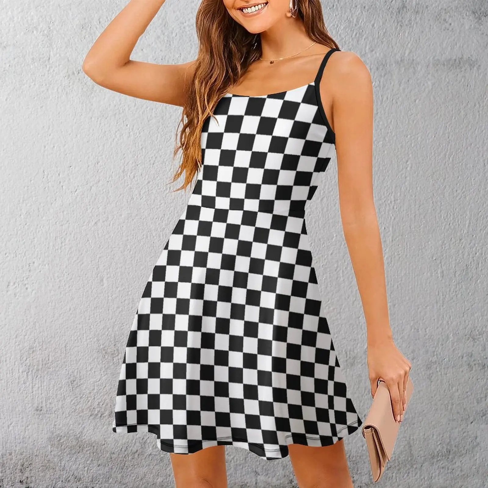 

Black White Checker Design Bedspread Mini Chess Women's Sling Dress Humor Graphic The Dress Novelty Exotic Woman's Gown Vacati