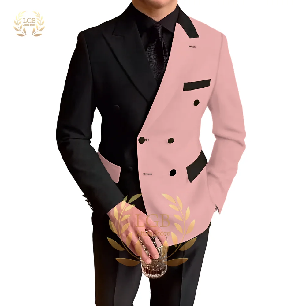 Men's 2-piece suit, stylish slim fit double-breasted color matching design, customized personalized party wedding dinner tuxedo