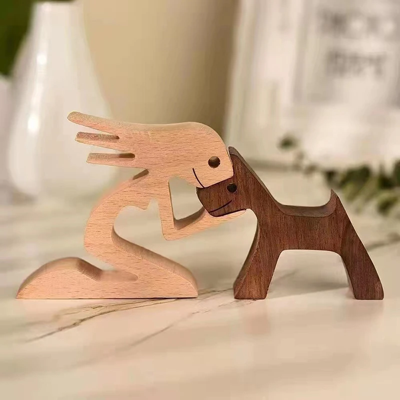 Family Puppy Wood Dog Craft Figurine Valentine\'s Day Gift Carving Model Home Office Decoration Christmas Gift Couple Decoration