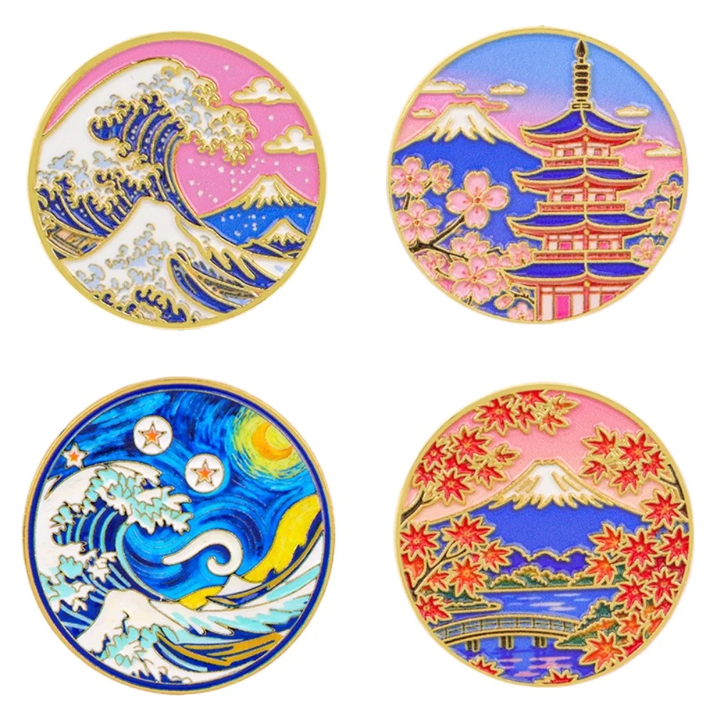 Japanese Art Enamel Pins Wave Mountain Pagoda Starry Night Lapel Pin Badge for Backpack Jacket Decor Vintage Art Brooch Gift