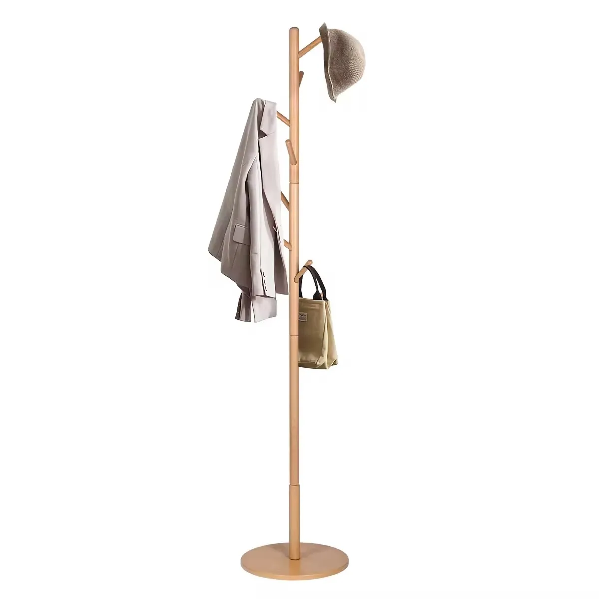 Coat Rack Beech Wood Standing Round Disc Base Mounting In Two Heights For Coats Hats Bags 8 Adjustable Hook For Hallway Entryway