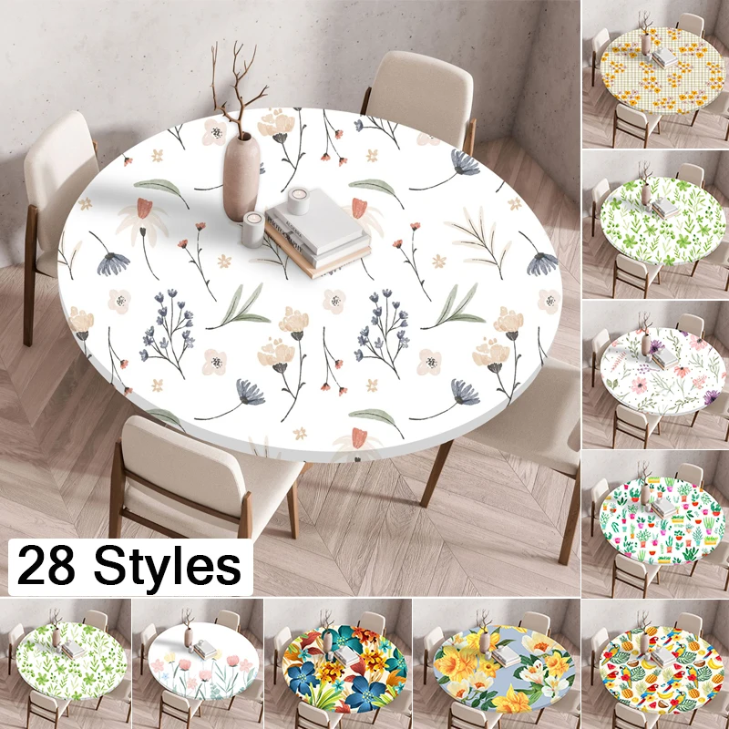 

Plant Flower Patterns Round Tableclothes for Dining Table Fitted Table Protector Cover Elastic Edge Desk Decoration Waterproof