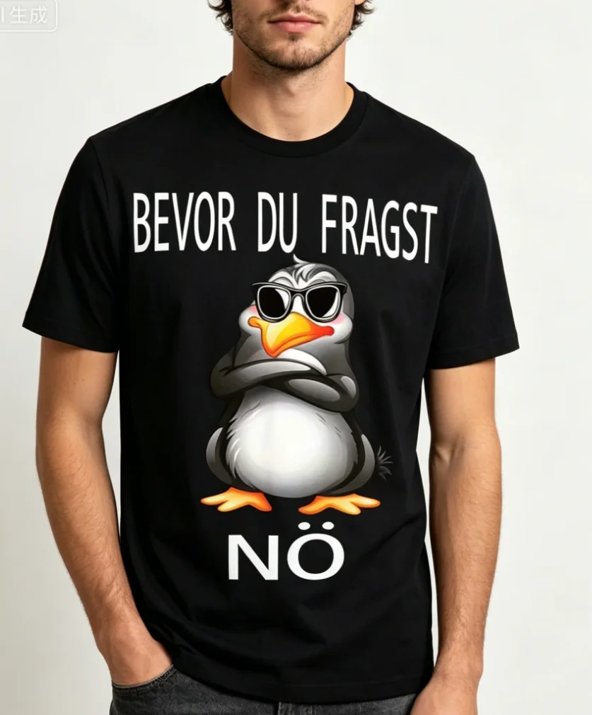 Funny German Text Penguin T-Shirt with BEVOR U FRAGST NO Slogan Glasses Unisex Crew Neck Short Sleeve Tee Men Women Black Shirt