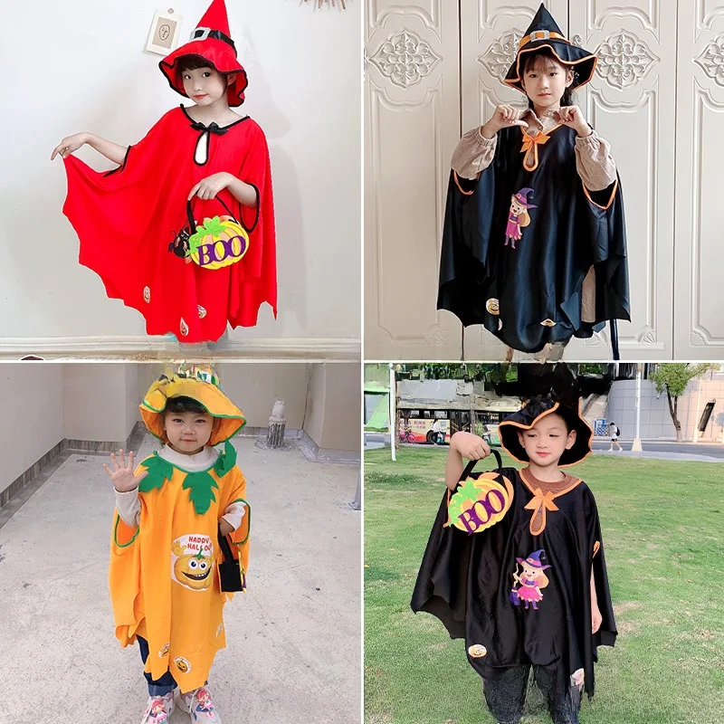 loween Witch Costume Cloak Children's Par Magicician Festival Gathering Cosplay Outfit Fem Witch Pumpkin Design