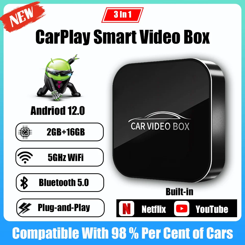 

New CarPlay Ai Box Andriod12.0 & Carplay & Android Auto 3In1 Wired to Wireless Car Smart Multimedia Box Built-in Youtube Nexflit