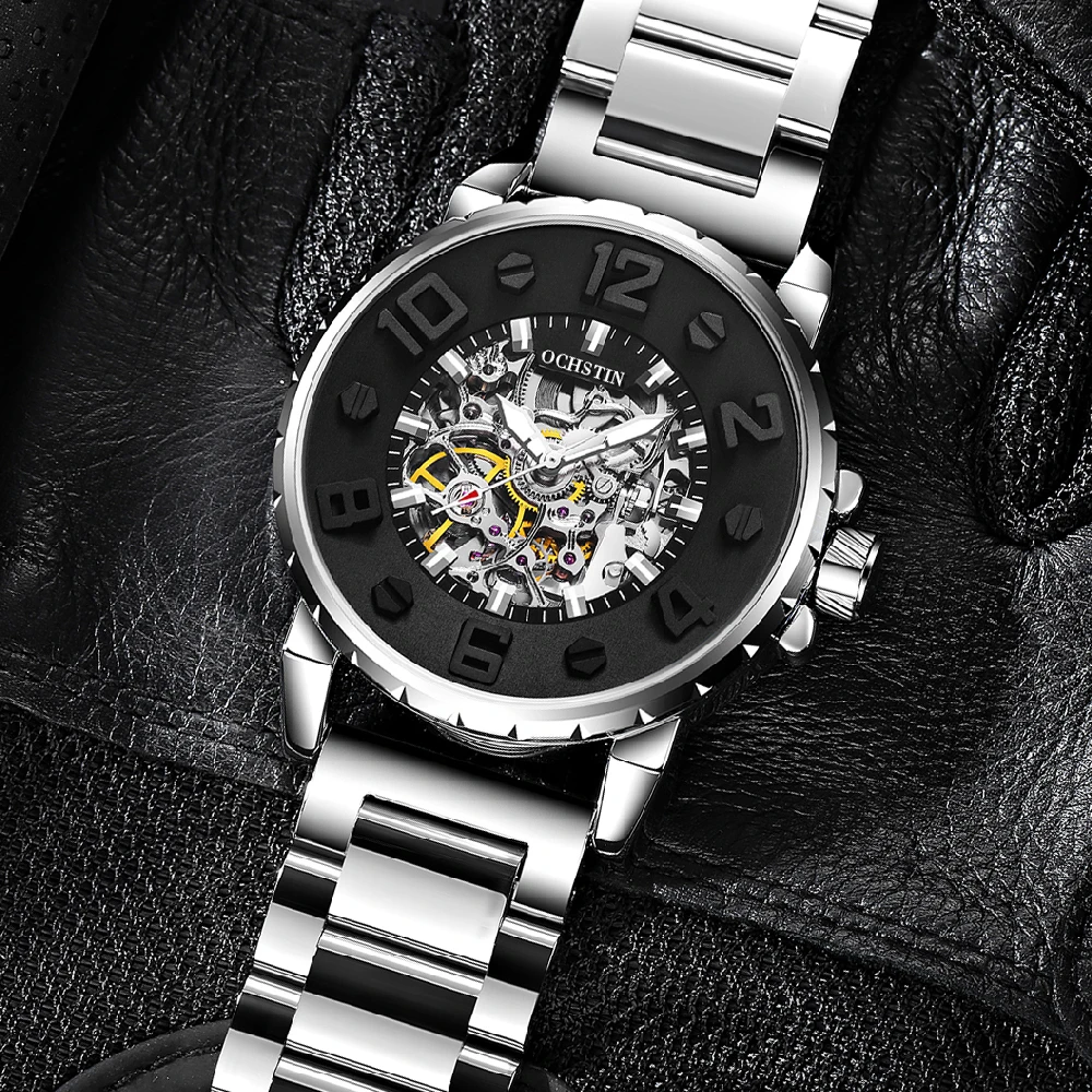 OCHSTIN Men Skeleton Watch Automatic Self Wind Masculine Facetted Case Bold Markers Open Heart Luminous Luxury Stainless Steel