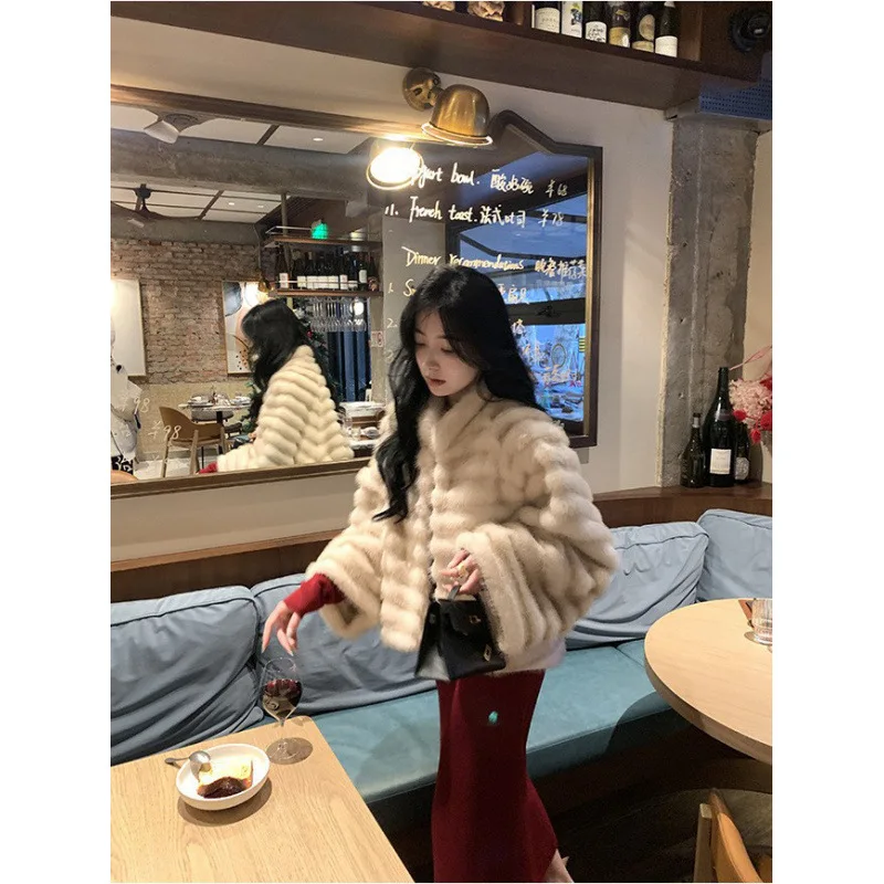 

Women Faux Fur Coats Stand Collar Short Coat Jackets Elegant Thick Warm Solid Jacket Lady Furry Outerwear Elegant Splice