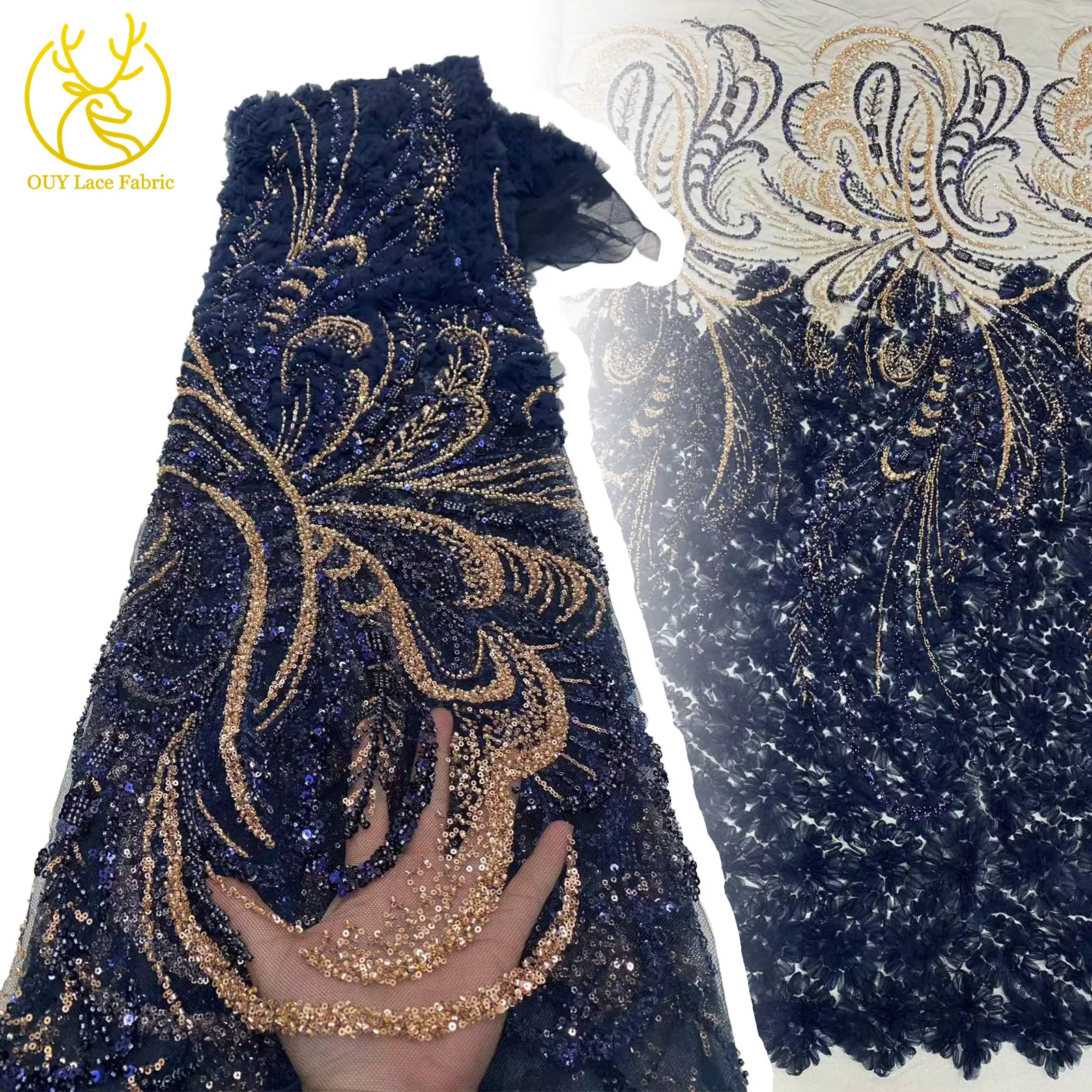 

Newest African Beaded 3D Tulle Lace Fabric 2025 Elegant French Nigerian Sequins Lace Fabric Ladies For Party Wedding Dresses