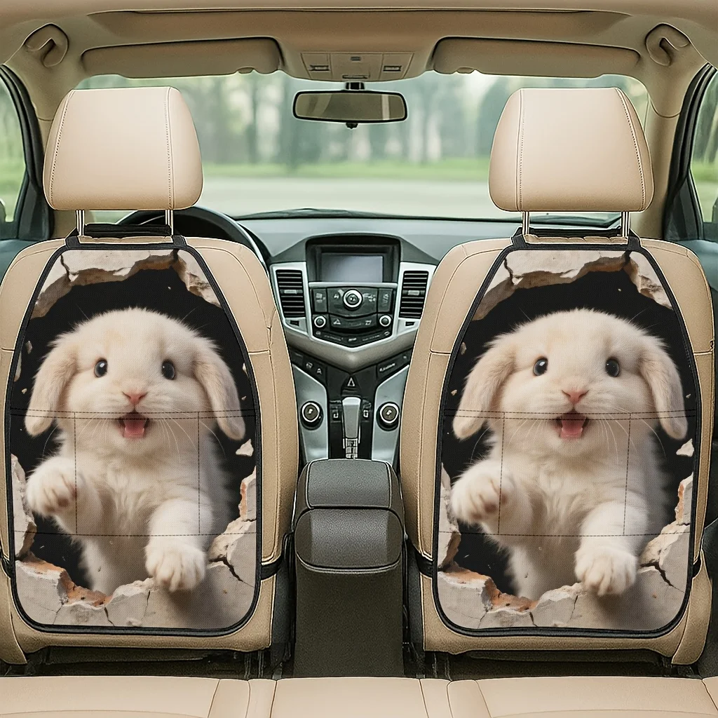 2pcs 2D Printed Car Seat Back Protector Pad Breaking Through The Wall Funny Droopy-Eared Rabbit Theme Pattern Printed Car Seat B