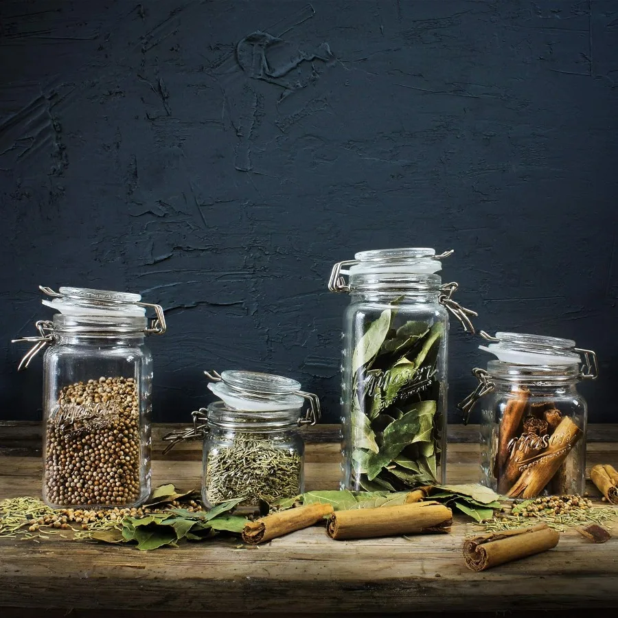 برطمانات مشبك زجاجية شفافة لتخزين طعام المطبخ محكمة الغلق، مجموعة جرة حفظ بمشبك صغير مكونة من 4 قطع (7 أونصة، 12 أونصة، 17 أونصة، و22 أونصة)، (TTU-V1)