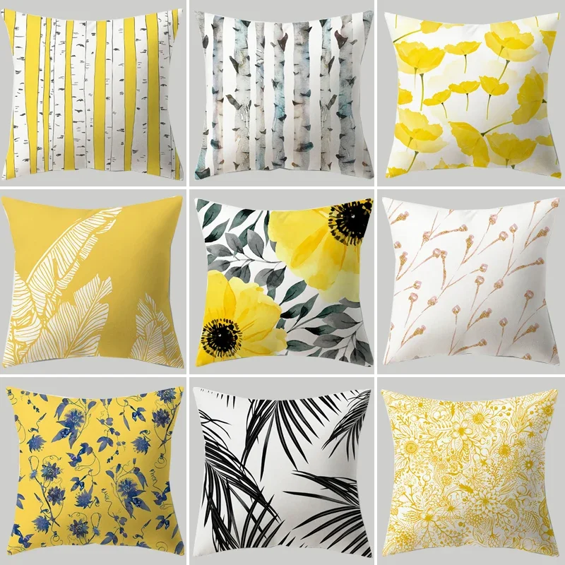 Custom Simple Yellow Flower Cushion Cover Leaves Plant Peach Skin Pillow Case Print Sofa Office Living Room Home Decoration