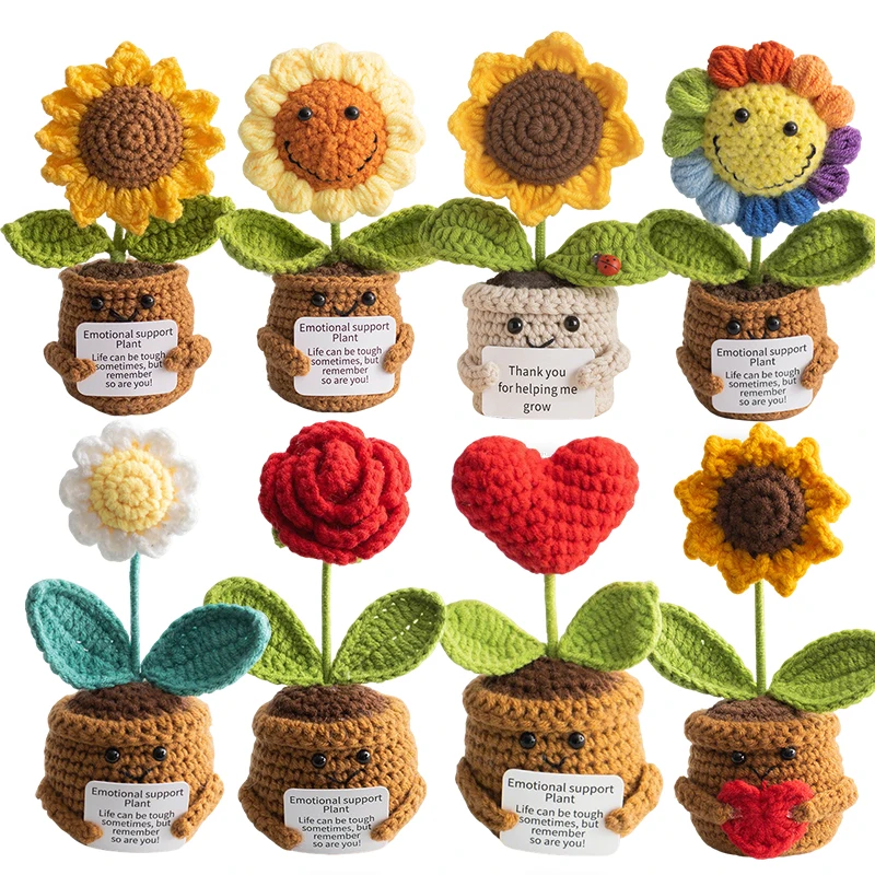 

Emotional Support Positive Party Gift Crochet Sunflower Red Rose Heart Pot Doll Home Tabletop Decor Handmade Knitted Flowers