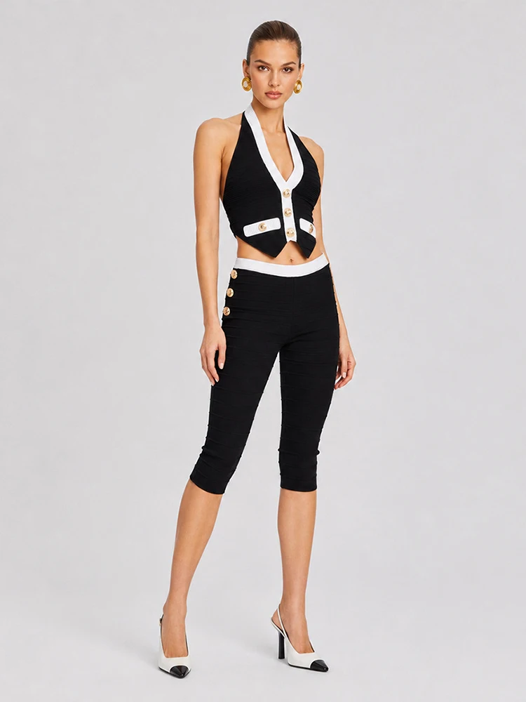 Sexy Two Piece Set Women Bandage Capri Pants Suits Halter Neck Backless Crop Top + Button Calf-Length Pants Sets Evening Party view 2