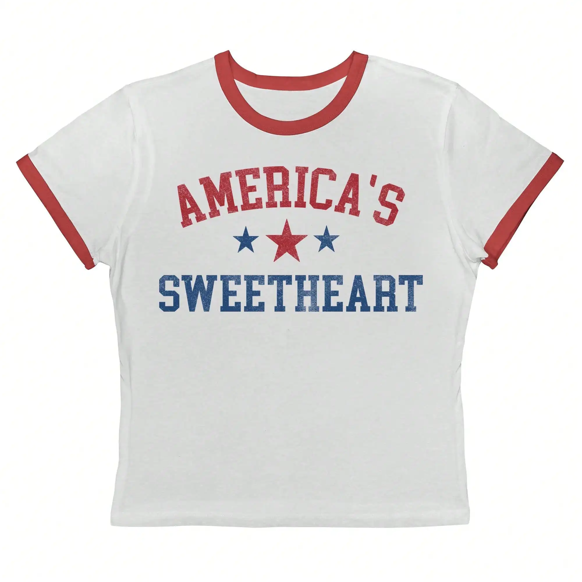 

Retro Americana Ringer Tee with Distressed Stars & Text Graphic
