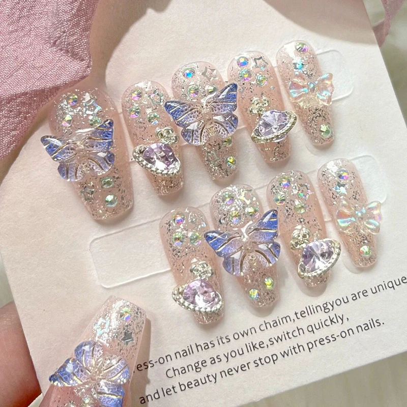 

Handmade Coffin Press On Nails, Glitter Pink with 3D Butterfly & Planet Rhinestone Decor, Luxury Reusable Fake Nails