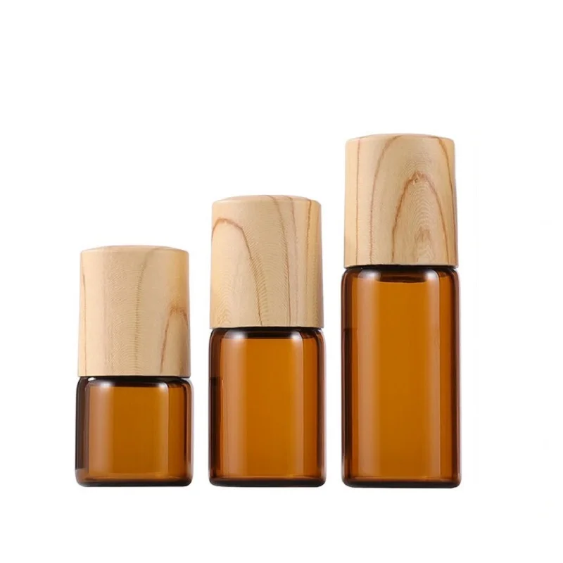 

25pcs Glass Roll On Bottle 1ml 2ml 3ml 5ml Refillable Perfume Vials False Wood Lid Amber Brown Roller Bottles For Essential Oils