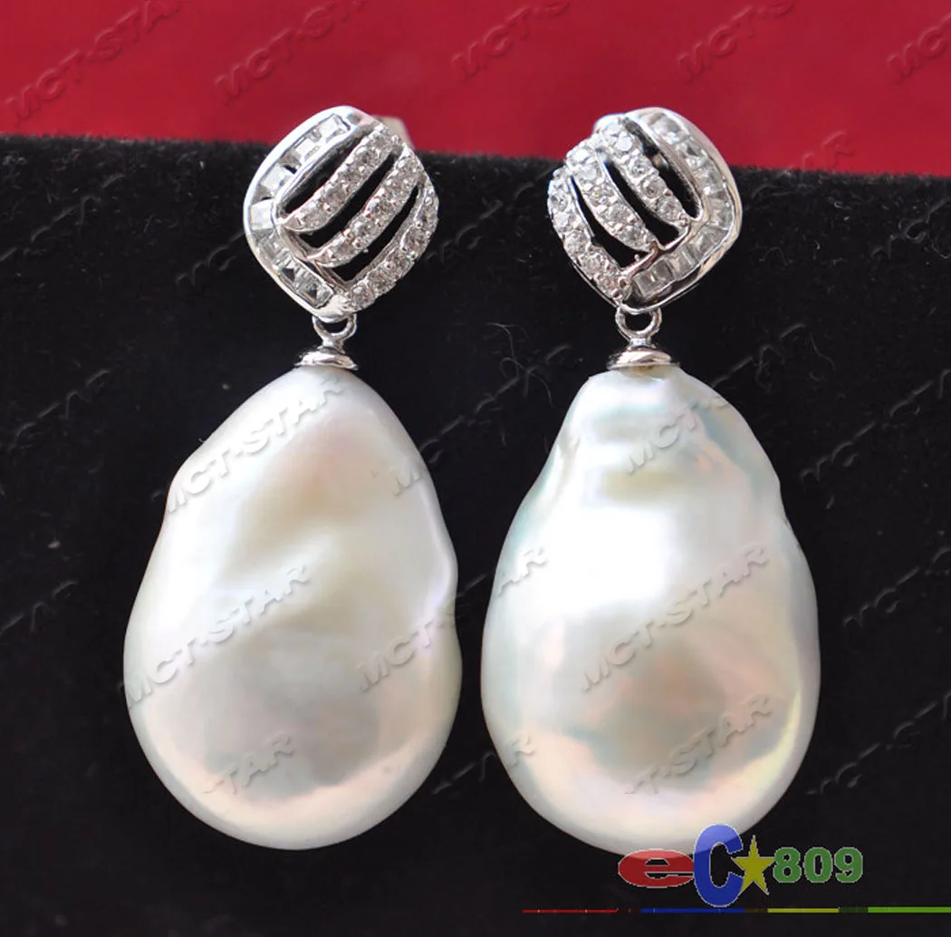 

p3580 A++ PERFECT 20mm WHITE KESHI REBORN PEARL DANGLE EARRING