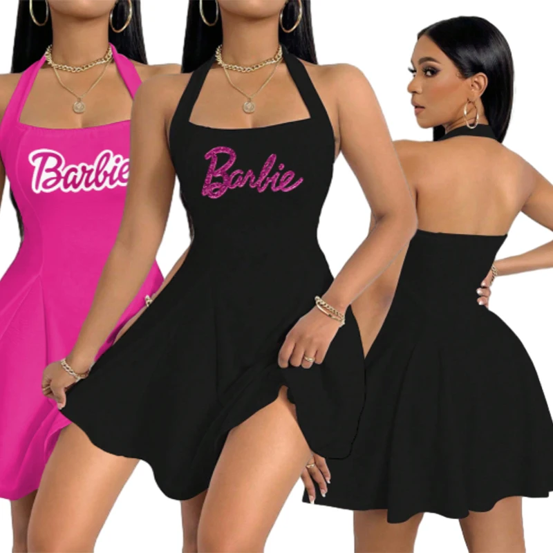 New Fashion Barbie 2024 Girl Sexy Halter Neck Backless Short Dress Kawaii All-Match Y2K A-Line Skirt Birthday Party Clothes Gift