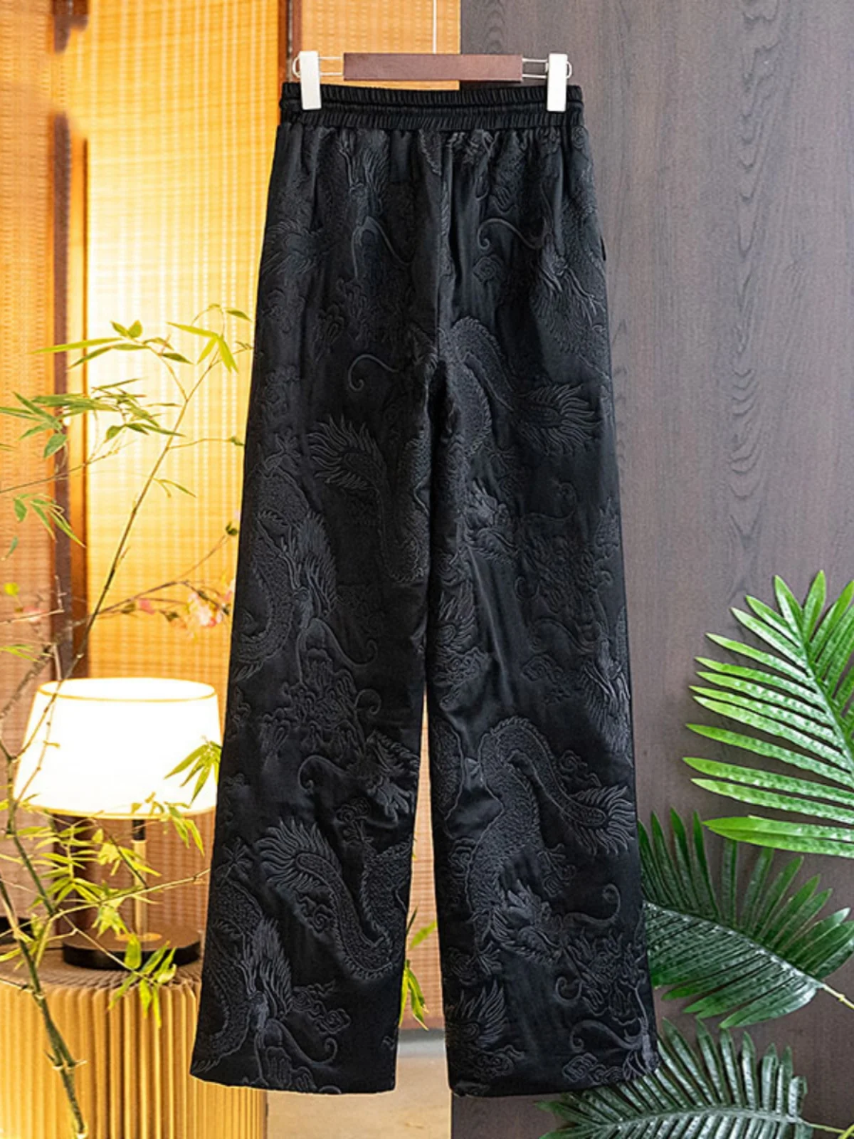 Thiened pantalones de algodón de pierna recta de cintura alta para mujer Otoño Invierno Faion chino Sle Vintage pantalones de pierna ancha bordados