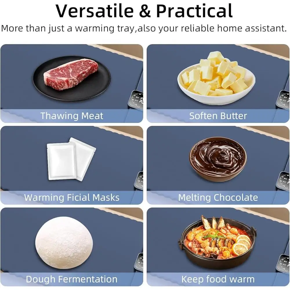 Электрический подогревающий коврик для еды с 5-мя настройками температуры, таймер, нескользящий дизайн, портативный нагревательный поднос для вечеринок, буфетов
