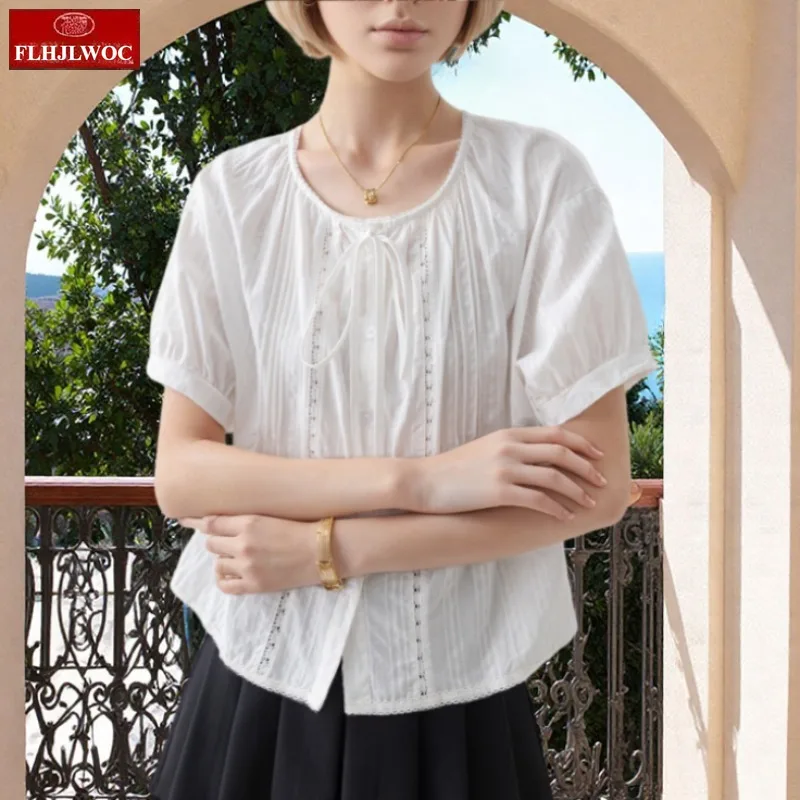 

Милые топы из смеси хлопка, короткие новые дизайнерские женские летние рубашки с короткими рукавами и оборками, повседневные белые кружевные рубашки с вырезами