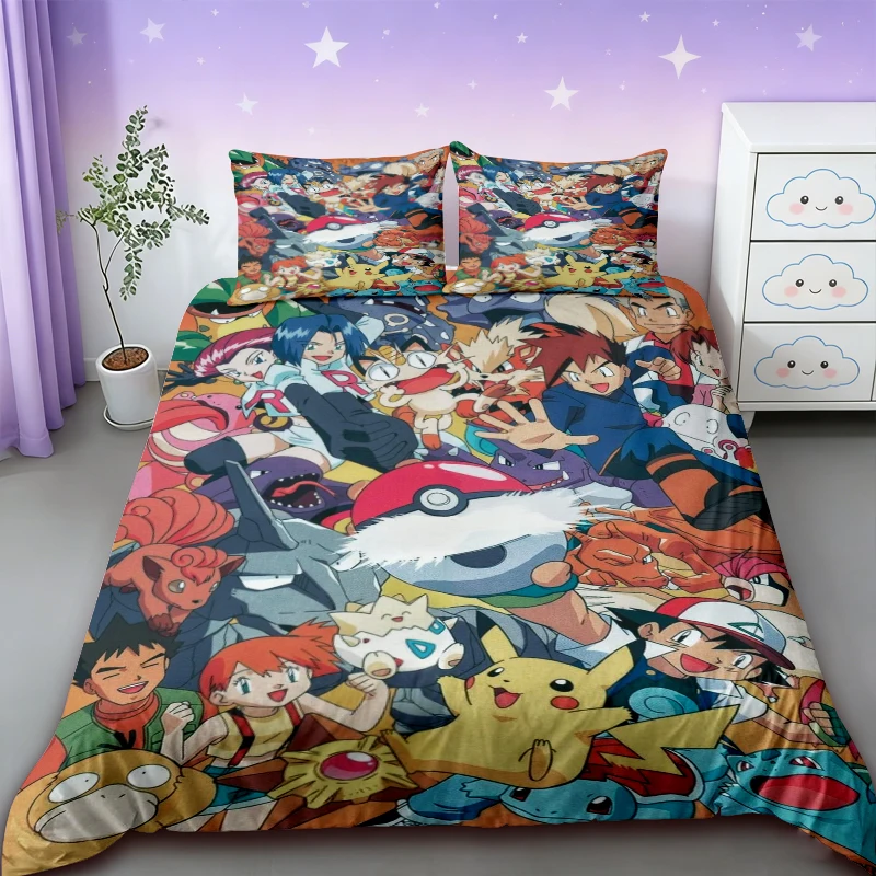 Duvet Cover Anime Three-piece Set Duvet Cover Pikachu Cartoon Bedding Set Comforter Cover for Bedroom Decor Queen King Size view 3
