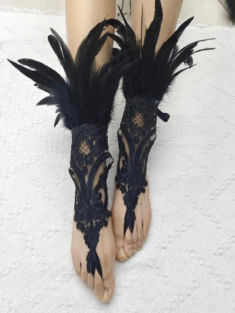 Natural Feather Sleeve Cuffs Gloves Party Cosplay Lace Wrist Cuffs Fur Sleeve Furry Accessories Carnival Stage Show Costume