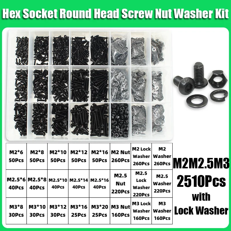 Innensechskantschrauben-Set mit Innensechskant, M2, M2,5, M3, M4, M5, M6, Schwarz, 10,9 Güteklasse, Innensechskant-UNC-Bolzen mit Mutter, Unterlegscheiben-Sortiment – Detail 6