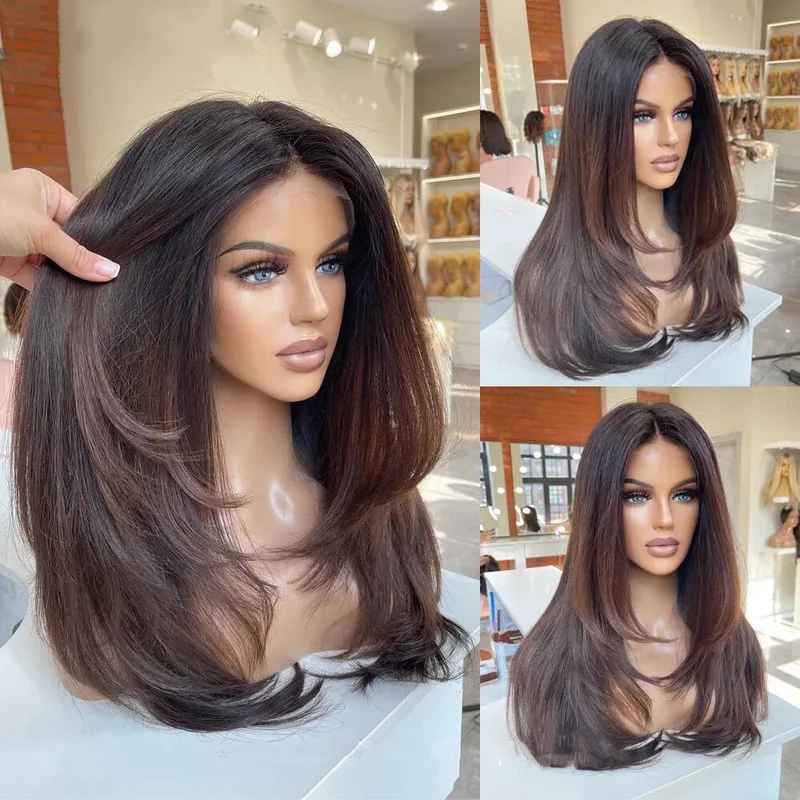 Ombre Brown Layered Cut Wigs  Hair 13x4 Lace Front Wigs for Women