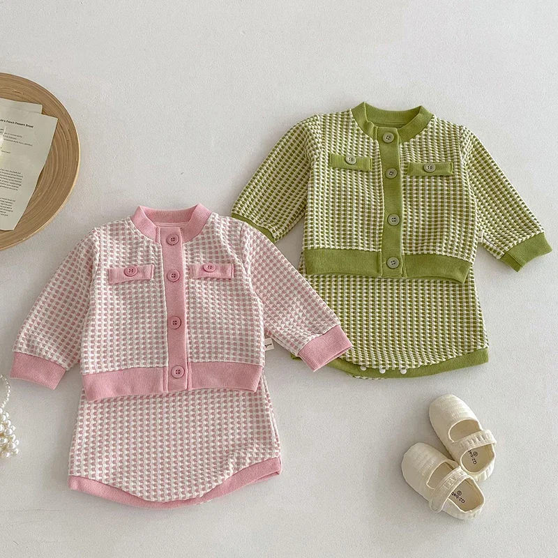 2024 New Autumn Newborn Baby Girls Clothing Set Long Sleeves Lattice Cardigan+Jumpsuit Toddler Baby Girl Clothes Suit