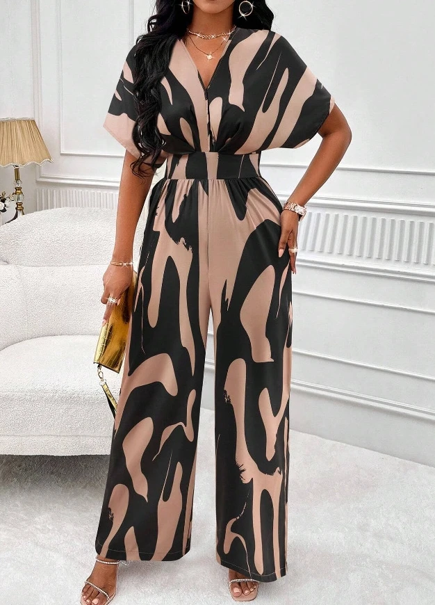 

2025 Spring/Summer New Women's Fashion Casual Full body Printed Bat Sleeve Wide Leg jumpsuit Women's Wear